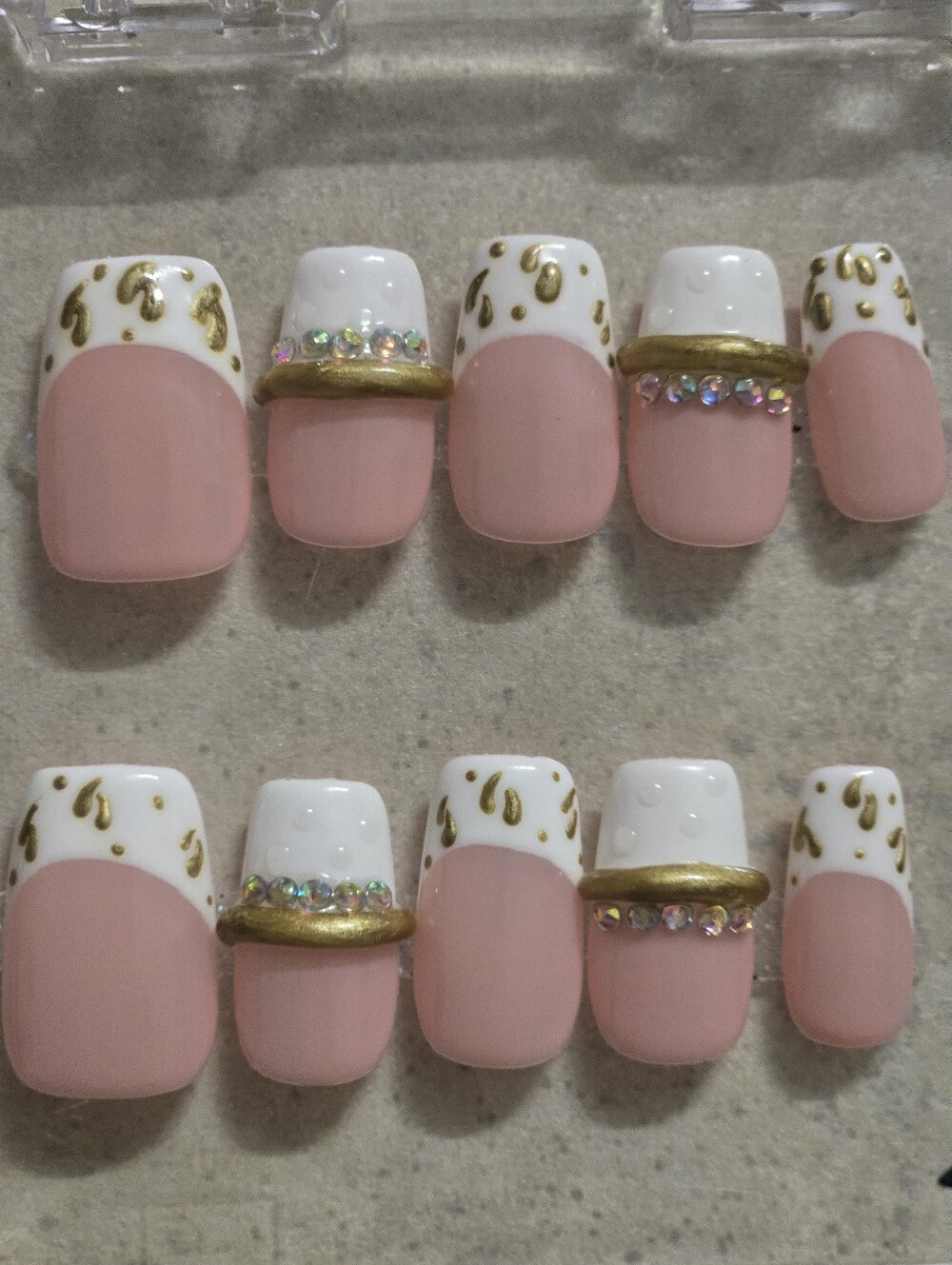 Pink & White Rhinestone Press-On Nail Set w/ Gold Accents, Short Length Square